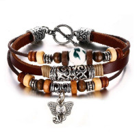 Vintage Elephant Head Charm Leather Bracelet