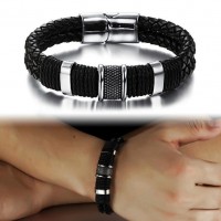 Dual Layer Handmade Black Braided Leather Bracelet