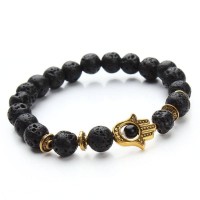 Antique Lava Stone Hamsa Hand Bracelet [Silver - Gold]