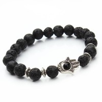 Antique Lava Stone Hamsa Hand Bracelet [Silver - Gold]