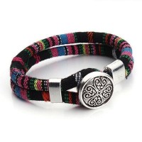 Silk Dual Cord Tibetan Silver Flower Snap Button Bracelet [12 Variants]