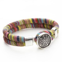 Silk Dual Cord Tibetan Silver Flower Snap Button Bracelet [12 Variants]