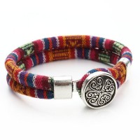 Silk Dual Cord Tibetan Silver Flower Snap Button Bracelet [12 Variants]