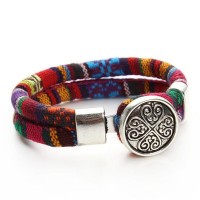 Silk Dual Cord Tibetan Silver Flower Snap Button Bracelet [12 Variants]