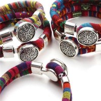 Silk Dual Cord Tibetan Silver Flower Snap Button Bracelet [12 Variants]