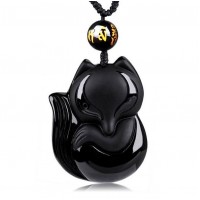 Hand-Carved Lucky Fox Black Obsidian Amulet Necklace