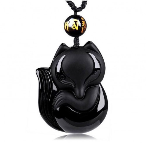 Hand-Carved Lucky Fox Black Obsidian Amulet Necklace