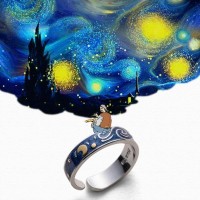 Silver Van Gogh Vintage Glitter Deer Sky Finger Ring